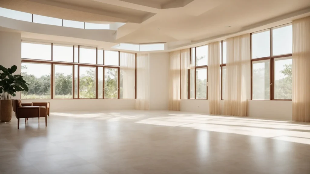 a pristine, sunlit room showcases the seamless transformation of a dust-free tile removal process, emphasizing the clarity and cleanliness of the newly exposed flooring.