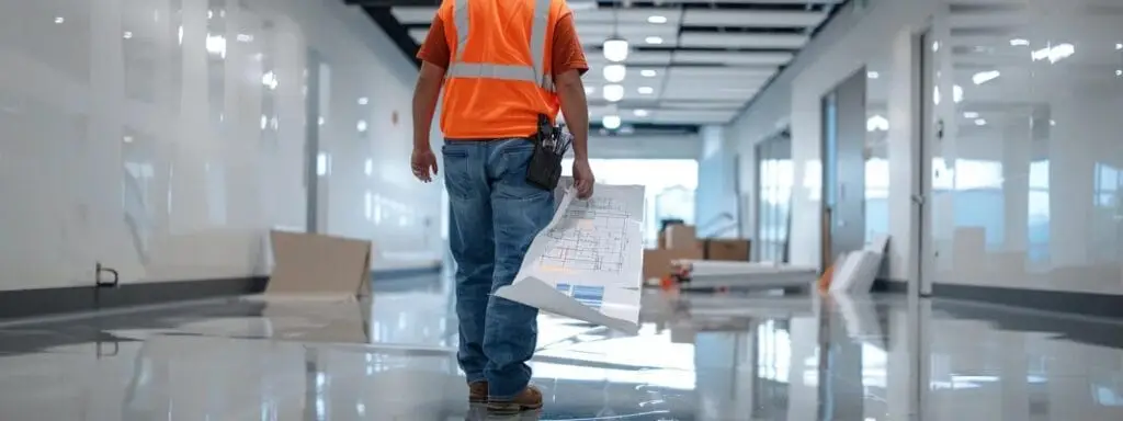 a clean, modern office space showcases a skilled contractor analyzing detailed sub-floor preparation plans, with construction materials and tools prominently arranged on a polished surface, emphasizing the importance of budgeting for long-term flooring success.