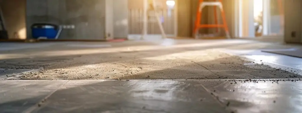 a close-up view of a meticulously prepared sub-floor in a well-lit urban renovation space, showcasing smooth, clean surfaces ready for tile installation, emphasizing the importance of proper preparation for a durable outcome.