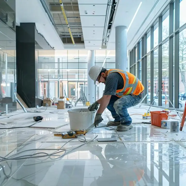 a professional-grade, well-lit interior scene showcases a skilled technician meticulously preparing a sub-floor for tile removal, with tools and materials strategically arranged around the clean, open workspace, emphasizing the critical importance of precision in renovation projects.