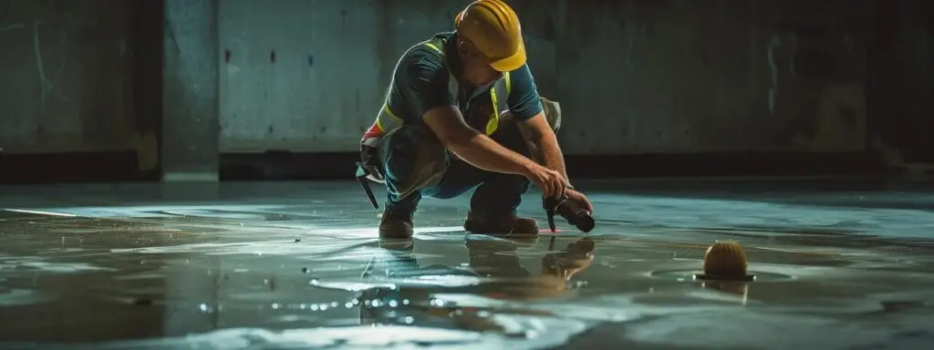 a professional contractor meticulously inspects a clean, well-prepared sub-floor under bright, focused workshop lighting, emphasizing the importance of precision in tile installation.