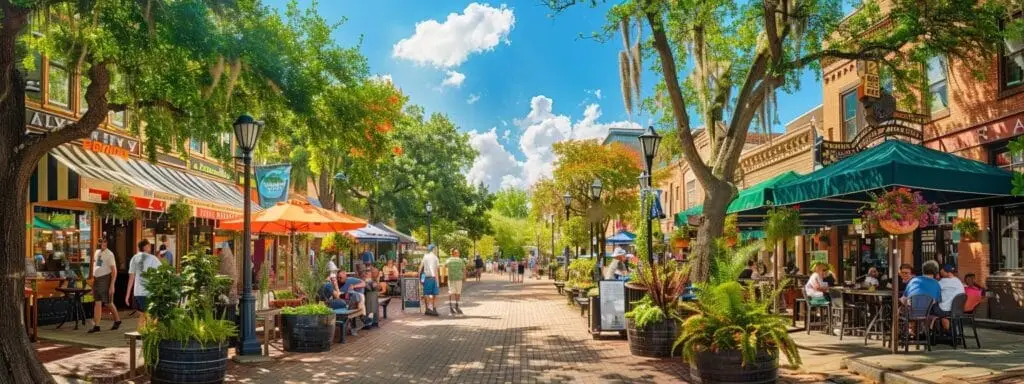 a vibrant cityscape of gainesville's downtown, bustling with enthusiastic tourists exploring cultural landmarks and historical sites, set under a bright blue sky and animated by lively street art and local cafes.