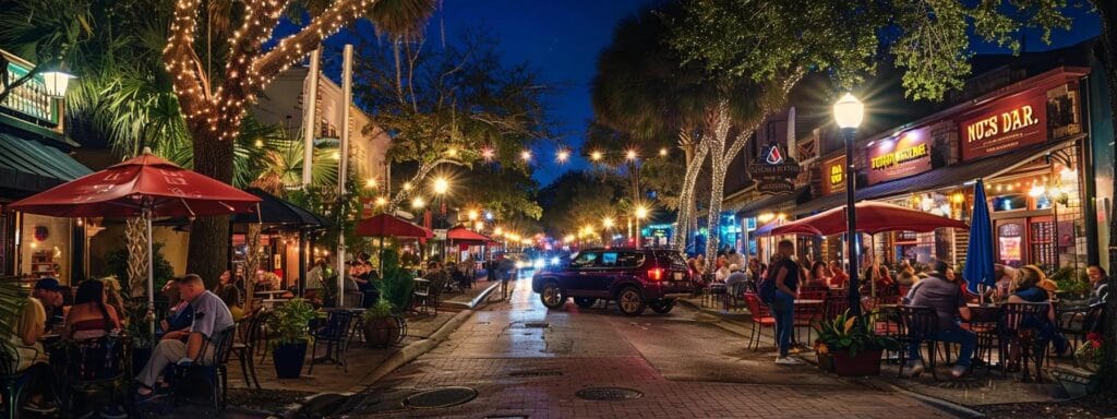 a vibrant nighttime scene of a bustling gainesville street, showcasing a diverse array of illuminated cafes and restaurants filled with lively patrons enjoying a rich culinary experience.