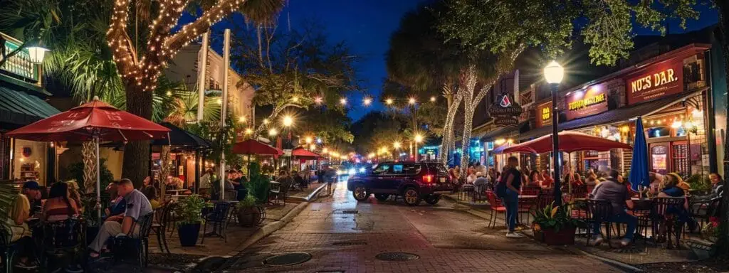 a vibrant nighttime scene of a bustling gainesville street, showcasing a diverse array of illuminated cafes and restaurants filled with lively patrons enjoying a rich culinary experience.