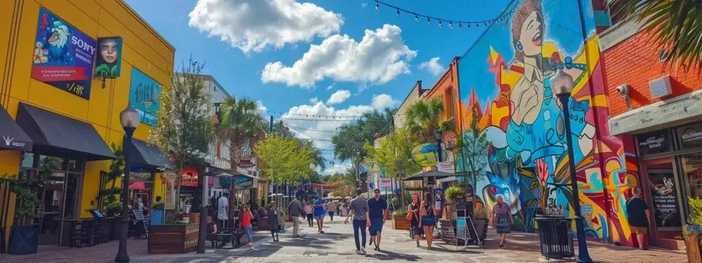 a vibrant street scene in downtown gainesville, florida, bustling with people exploring local shops and cafes, surrounded by colorful murals and lively outdoor art installations under a bright blue sky.