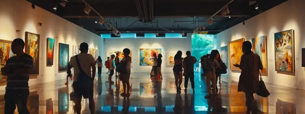 a vibrant urban art gallery buzzes with energy, showcasing bold, contemporary artworks on the walls, while visitors engage in animated discussions under the warm, focused lighting of the exhibition space.
