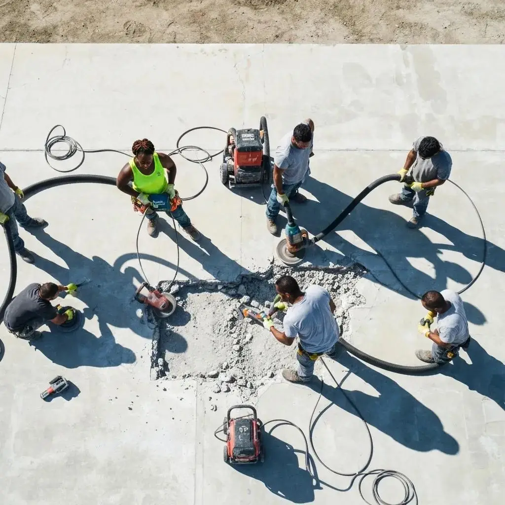 A crew of pros using specialized gear for dustless floor removal
