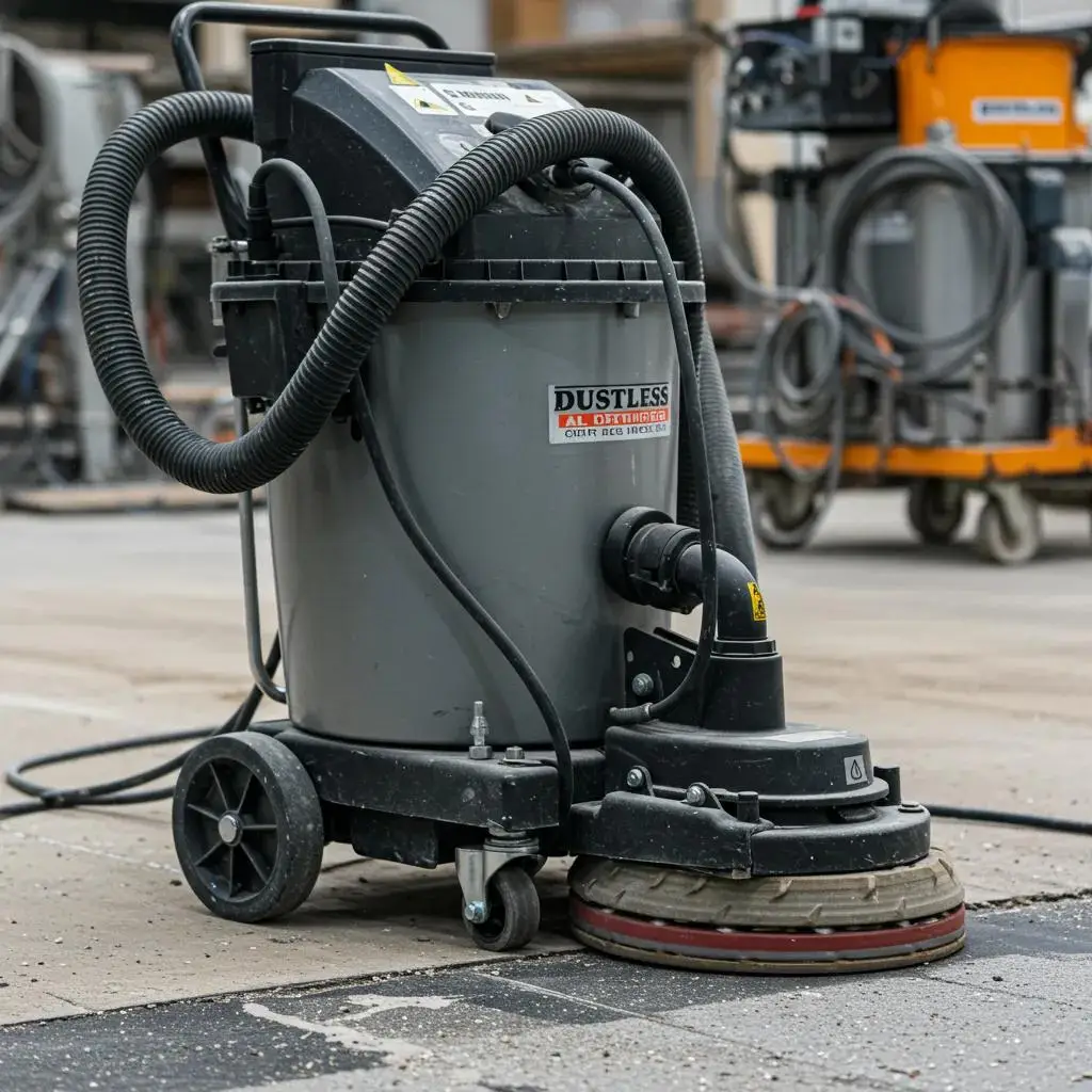 Close-up of specialized dustless flooring removal tools, including HEPA vacuums and grinders