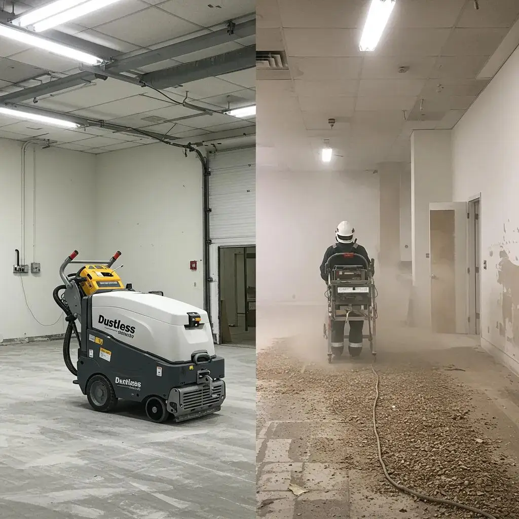 Side-by-side comparison of dustless flooring removal technology and traditional methods in contrasting environments