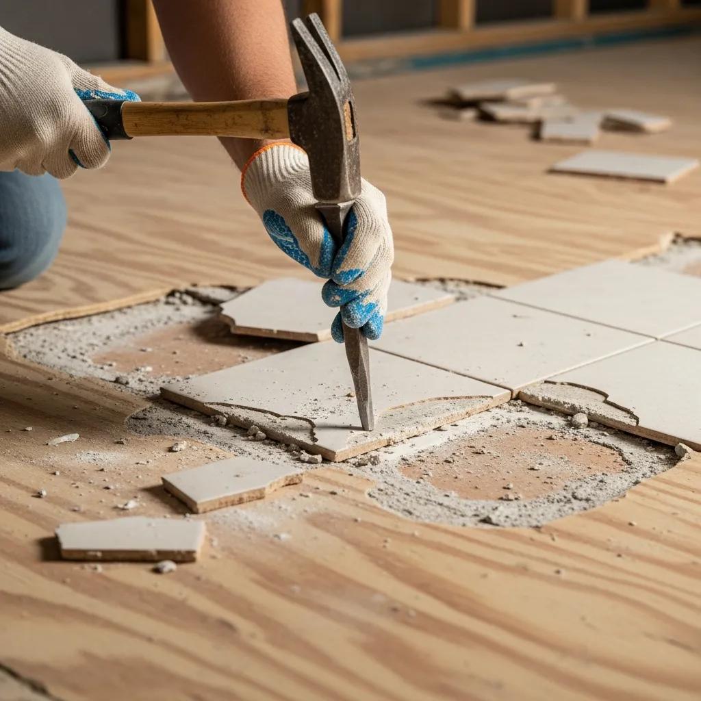 Manual tile removal techniques using chisel and hammer on ceramic tiles