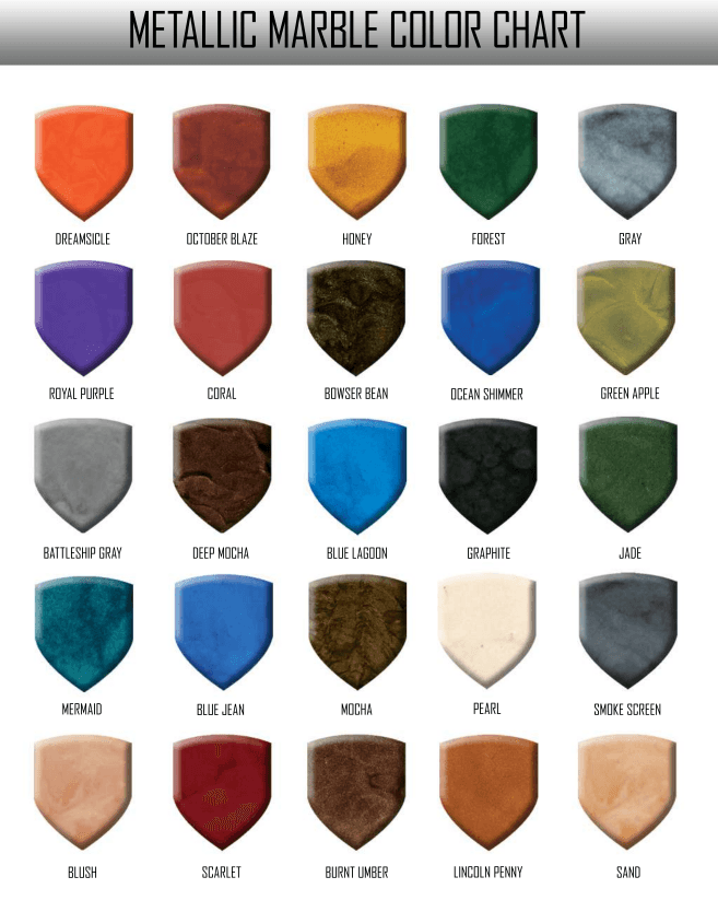 Metallic marble epoxy color chart showing 25 pigment options including Ocean Shimmer, Royal Purple, Pearl, Graphite, and Mermaid